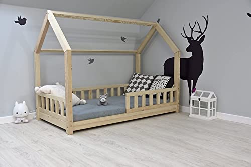 Best For Kids Kinderbett Hausbett Kinderhaus mit Rausfallschutz Jugendbett mit 10 cm Matratze Natur Haus Holz Bett (90x200 cm ohne Matratze) von Best For Kids