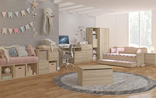 Best For Kids Kinderzimmer Komplett Set Sonoma-Eiche (Set, 7-St., Bett mit 10cm Matratze + Kleiderschrank + Kommode + Regal + Nachttisch + Schreibtisch + Spielzeugkiste) von Best For Kids