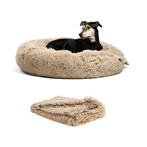 Best Friends by Sheri Set The Original Calming Shag Donut Cuddler Katzen- und Hundebett + Haustier-Überwurfdecke, Taupe, groß, 91,4 cm von Best Friends by Sheri