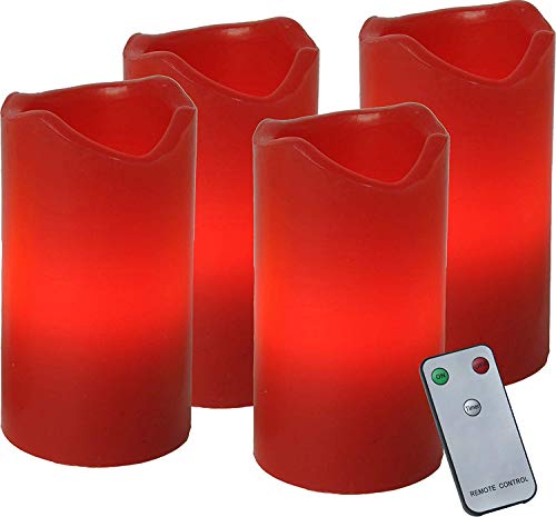4er-Set LED Stumpenkerze Advent von Star Trading, LED Adventskerzen, Kerzenlicht warmweiß mit Timer, batteriebetriebene Weihnachtsdeko mit Fernbedienung aus Wachs in Rot, Höhe: 10 cm von Star