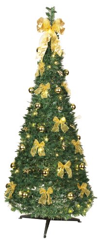 Best Season Dekorierter LED-Tannenbaum, beleuchtet circa 190 x 80 cm mit 80 warmwhite LED mit 8 Funktionen, zusammenfaltbar, goldene Dekoration Vierfarb-Karton 603-91 von Best Season