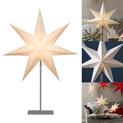 Stehlampe Weihnachtsstern Sensy von Star Trading, 3D Papierstern Weihnachten in Weiß mit Metall-Fuß, Dekostern Stehleuchte mit Kabelschalter, E14, Höhe: 78cm von Star