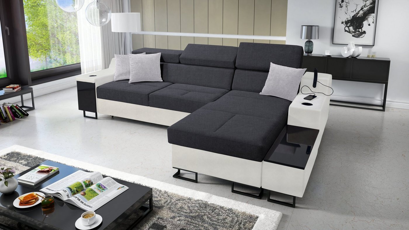 Best for Home Ecksofa ART I MINI mit Schlaffunktion und Bettzeugaufbewahrung, mit USB-Ladeleuchte und flexiblem Arm von Best for Home