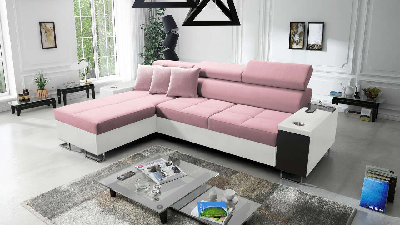 Best for Home Ecksofa Anita I Mini Luxus und Elegantes mit Schlaffunktion, hat einen Öffnungsbügel, eine Steckdose und einen USB-Anschluss von Best for Home