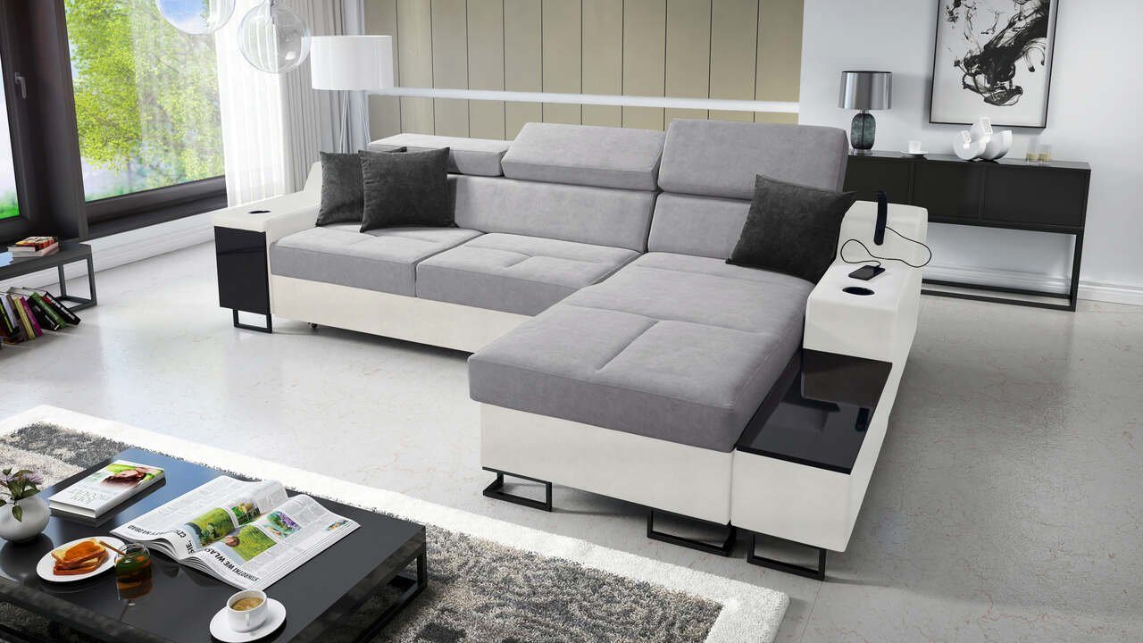 Best for Home Ecksofa Aria I Maxi: Schlaffunktion & Bettkasten für das Moderne Wohnzimmer, mit USB-Ladeleuchte und flexiblem Arm von Best for Home