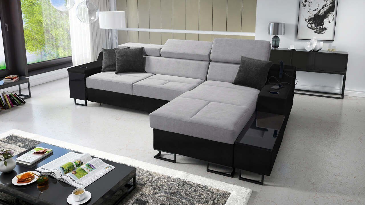 Best for Home Ecksofa Aria I Maxi: Schlaffunktion & Bettkasten für das Moderne Wohnzimmer, mit USB-Ladeleuchte und flexiblem Arm von Best for Home