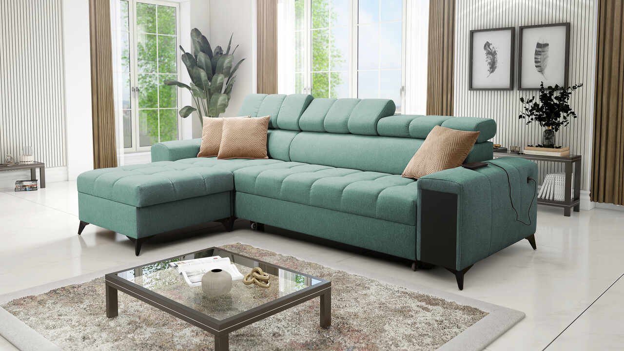 Best for Home Ecksofa GREG I MAXI mit Schlaffunktion und zwei Bettzeugbehältern, hat einen Öffnungsbügel, 3 verstellbare Kopfstützen, USB-Anschluss von Best for Home