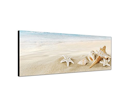 Wandbild auf Leinwand ( Leinwandbild ) als Panorama in 120x40 cm Strand ( weißer Sandstrand )am Meer mit Muscheln und Seesternen und Schnecken! Qualität von bestforhome! von Best for Home