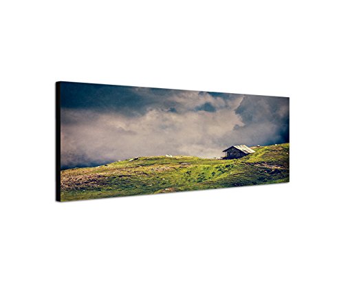 Wandbild auf Leinwand als Panorama in 120x40 cm Die Alpen! Alm-Wiese mit alter Almhütte! Berge in Wolken und Nebel! Tolles Bergbild für kahle Wände! von Best for Home