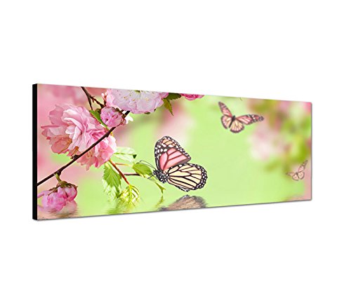 Wandbild auf Leinwand als Panorama in 120x40 cm Tolles Frühlingsbild. Kirschblüten am blühen mit Schmetterlinge. von Best for Home