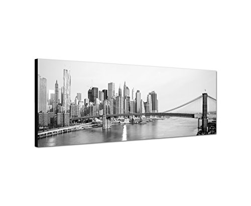 Wandbild schwarz weiß auf Leinwand als Panorama in 120x40 cm New York und Brooklyn Bridge Hängebrücke über den East River Manhattan Skyline in New York City! bestforhome Das Beste für Ihre Wand! von Best for Home