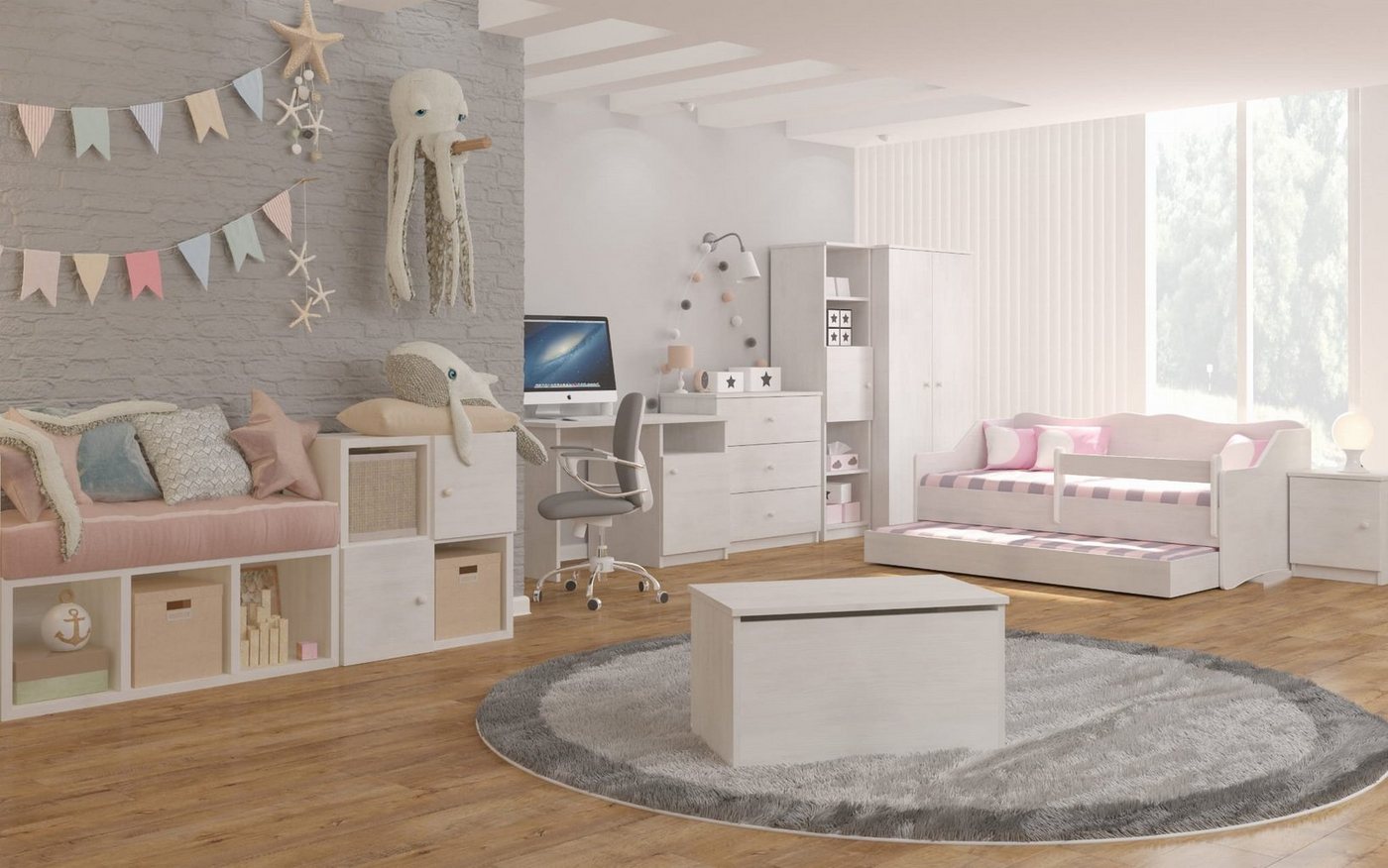 Jugendzimmer-Set Weiß, (Set, 5-St., Kinderbett mit 10cm Matratze + Kleiderschrank + Kommode + Regal + Nachttisch + Schreibtisch + Spielzeugkiste) von Best for Kids