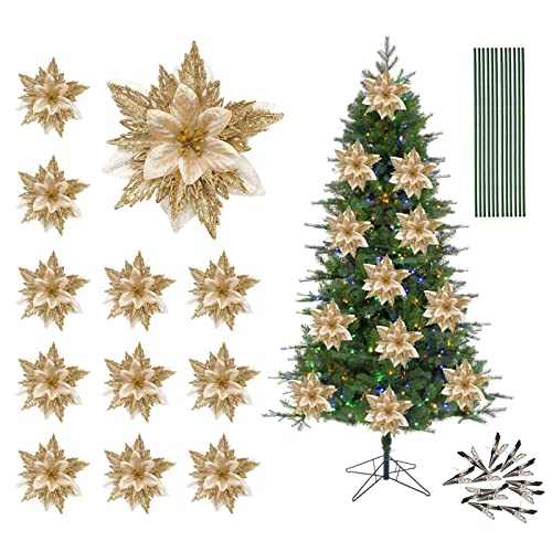 BestAlice 12 Stück künstliche Weihnachtssterne 15 cm künstliche Blumen Glitzer Weihnachtskranz Weihnachtsbaum Ornamente mit Clip und Stange, Gold von BestAlice