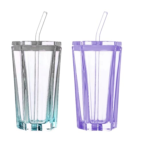 BestAlice 2 Stück Glasbecher mit Deckel und Strohhalm, Fünfzackiger Stern-Glas-Farbverlaufsbecher, Farbige Trinkgläser, Eiskaffeetasse, Glas, für Familie und Freunde, Glasbecher mit Deckel(#4) von BestAlice