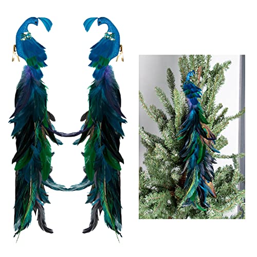 BestAlice 2 Stück blaue Pfauen-Weihnachtsschmuck, 48 cm langer Schwanzfeder-Pfauen-Clip-Ornament, glitzernder Phönix-Weihnachtsschmuck für Weihnachtsbaum-Dekoration von BestAlice