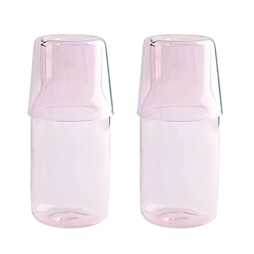 BestAlice 2er-Pack Nachttisch-Wasserkaraffe und Glas-Set, 500 ml, Vintage-Nachttisch-Glaskaraffe mit Becher, klares Glas, Saft-Wasserbecher für Schlafzimmer, rosa von BestAlice