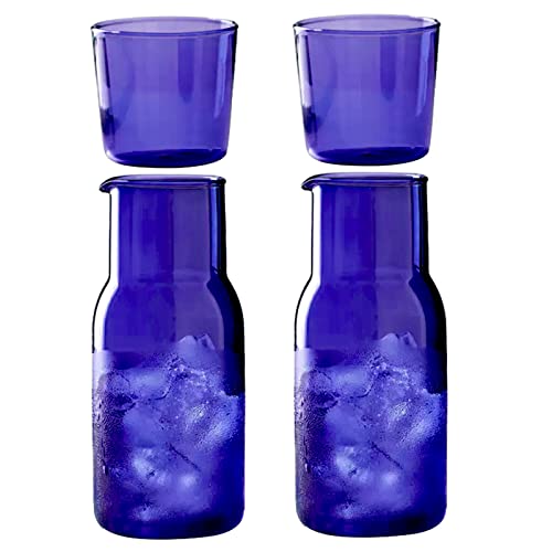 BestAlice 2er-Pack Nachttisch-Wasserkaraffe und Glas-Set, 500 ml, Vintage-Nachttisch-Glaskaraffe mit Becher, klares Glas, Saftwasserbecher für Schlafzimmer, Blau von BestAlice