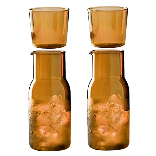 BestAlice 2 Stück Nachttisch-Wasserkaraffe und Glas-Set, 500 ml, Vintage-Nachttisch, Glaskaraffe mit Trinkglas, klares Glas, Saft-Wasserbecher für Schlafzimmer, Braun von BestAlice