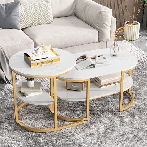 BestAlice 2er Set Couchtisch 2 in 1 Rund Rechteckig mit Stauraum Marmor Optik Metallrahmen Wohnzimmertisch Couchtisch Weiß Gold Oval von BestAlice