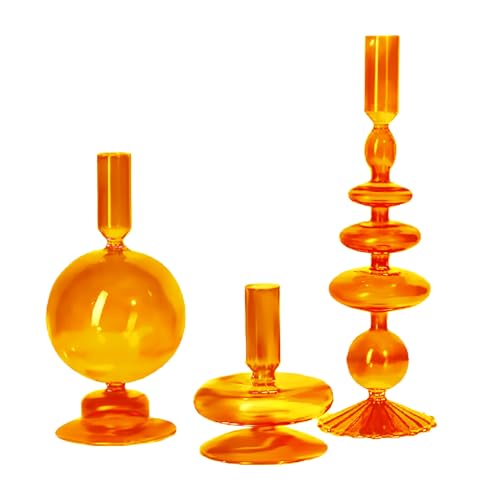 BestAlice 3 Stück Glas-Kerzenhalter, Spitz Zulaufende Glas-Kerzenhalter, Kerzenhalter, Gewellter Glas-Kerzenhalter, Eleganter Glas-Kerzenständer, Nordische Glasvasen für Zuhause,(Orange) von BestAlice