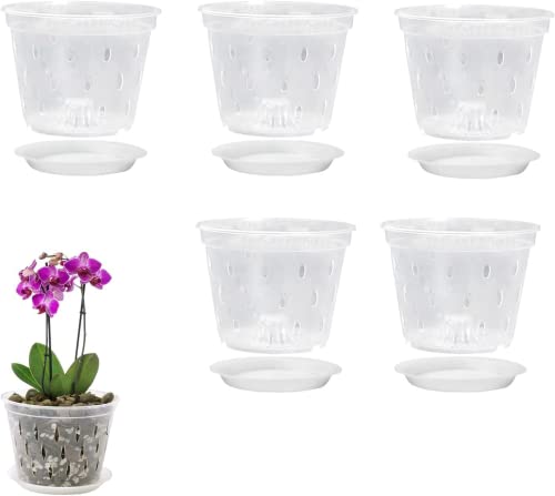 BestAlice 5 Stück Orchideentopf, 17,8 cm Orchideentöpfe mit Löchern und Untertassen, transparente Kunststoff-Orchideentöpfe für Pflanzen und Umtopfen, Garten-Pflanzgefäße für Home Office von BestAlice