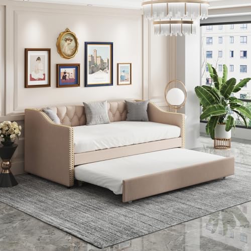 BestAlice Ausziehbett, 90/180 x 200 cm, Schlafsofa, ausziehbar, weiche Rückenlehne, Nietendesign, gepolstertes Gästebett mit Lattenrost aus Holz, Beige von BestAlice