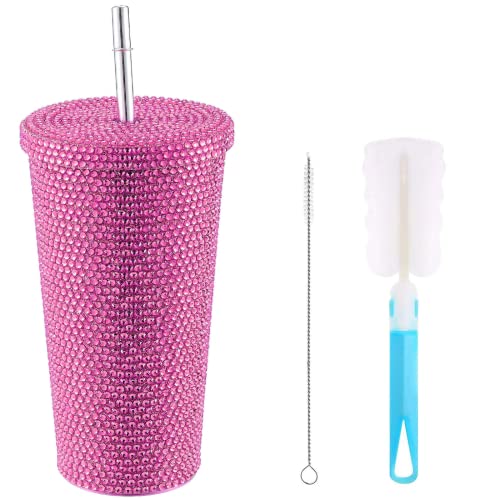 BestAlice Becher mit Nieten, glitzerndes Diamantglas, 500 ml, glitzernder Becher mit Deckel und Strohhalm, Edelstahl-Glitzer-Wasserflasche mit Strohhalmbürsten, wiederverwendbar, groß, handgefertigt von BestAlice