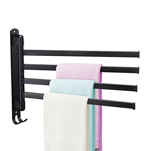 BestAlice Drehbarer Handtuchhalter für Badezimmer, Edelstahl 4-Arm Handtuchstange, platzsparend, Wandmontage, Handtuchhalter mit Haken, 180 Grad drehbarer Handtuchhalter (Schwarz) von BestAlice