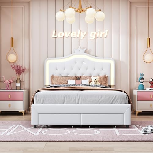 BestAlice Gepolstertes Bett für Mädchen, 140 x 200 cm, Prinzessinnenkrone mit LED, Doppelbett mit verstellbarem Kopfteil, mit Lattenrost, Jugendbett, PU, Weiß BestAlice Gepolstertes Bett für Mädchen, 140 x 200 cm, Prinzessinnenkrone mit LED, Doppelbett mit verstellbarem Kopfteil, mit Lattenrost, Jugendbett, PU, Weiß von BestAlice