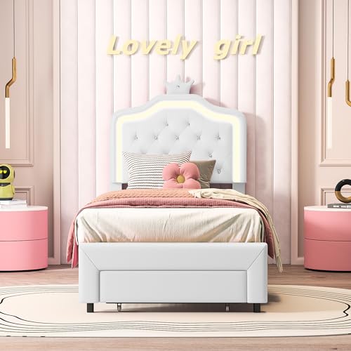 BestAlice Gepolstertes Bett für Mädchen, 90 x 200 cm, Prinzessinnenkrone mit LED und Schubladen, gepolstertes Einzelbett mit verstellbarem Kopfteil, weißes Bett mit Lattenrost, für Jugendliche, PU BestAlice Gepolstertes Bett für Mädchen, 90 x 200 cm, Prinzessinnenkrone mit LED und Schubladen, gepolstertes Einzelbett mit verstellbarem Kopfteil, weißes Bett mit Lattenrost, für Jugendliche, PU von BestAlice