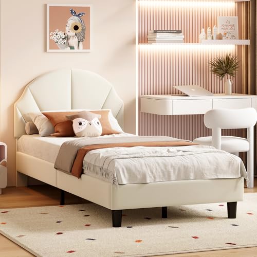 BestAlice Gepolstertes Mädchenbett 90x200 Prinzessinnenbett mit Lattenrost, gepolstertes Einzelbett mit verstellbarem Kopfteil für Teenager aus Samt, Beige von BestAlice