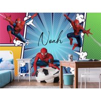 Personalisierte Superheld Tapete Schälen Und Aufkleben Jungenzimmer, Spiderman Mit Name Wandbild Kinder Spielzimmer, Comics Dekor Abnehmbares von BestDecals