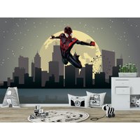 Schwarze Spiderman Tapete Jungenzimmer - Superheld Wanddekor Schälen Und Aufkleben Kleinkindzimmer Nachtstadt Scape Wandkunst Wandbild Kinder von BestDecals