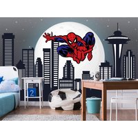 Spiderman Tapete Zum Schälen Und Aufkleben Für Kinderzimmer, Superhelden-Wanddekor Jungen Schlafzimmer, Avengers Nachtstadtbild Kunst Wandbild von BestDecals