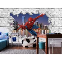 Tapete Spiderman Für Jungen Spielzimmer, Superhelden-Wandbild Kinder, Stadtansicht Mit Kleinem Stein Jungen-Kinderzimmer-Dekor, Schälen Und Aufkleben von BestDecals