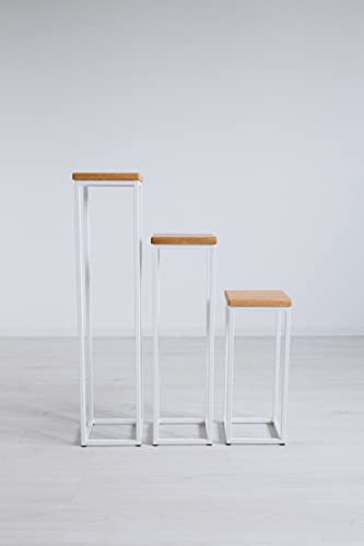 1 BestLoft Blumensäule Dora aus Eiche - Dekosäule im schlanken Design + Stahlgestell (Gestell Weiß, 3er Set (50 + 70 + 90)) von BestLoft.de