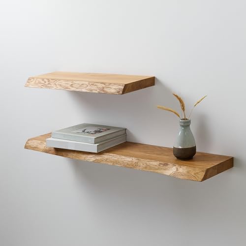 BestLoft Wandregal Wandboard Regal Wand Schweberegal Holzregal Bücherregal Wand Wandregal Holz kleines Regal Küchenregal Wand Shelf Schweberegal Eiche mit Baumkante Naturkante (130cm) von BestLoft.de