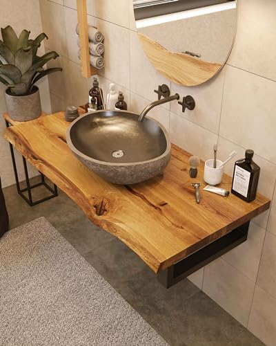 BestLoft Waschtischplatte Holz (Länge: 60 cm/Breite: 50-55 cm) Waschtisch Holz Eichenbrett Massiv 40 mm dick Tischplatte Baumkante Waschplätze rustikale Waschtischkonsole Massivholzplatte von BestLoft.de