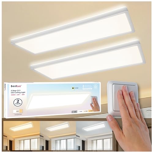 BestLuz Deckenlampe LED Deckenleuchte, Dreistufige CCT 3000K/4000K/6500K 58x20CM 24W 3000LM IP44 Deckenleuchte Flach mit Backlight-Effekt LED Panel für Wohnzimmer Küche Badezimmer, (2 Stück) von BestLuz