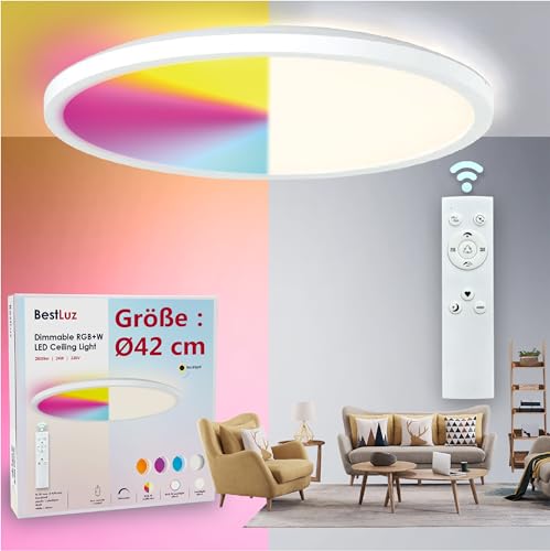 BestLuz LED Deckenleuchte LED Panel Deckenlampe Ø 42cm 24W RGBW + Neutralweiß 4000K mit Backlight-Effekt Fernbedienung für Badezimmer Schlafzimmer Wohnzimmer Küche, Ultra Dünn von BestLuz