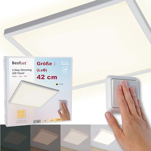 BestLuz LED Deckenleuchte Flach Eckig 42cm 24W 2800LM Dreistufige Dimmung LED Panel Deckenlampe Neutralweiß 4000K mit Backlight-Effekt für Badezimmer Schlafzimmer Wohnzimmer Küche, Ultra Dünn von BestLuz