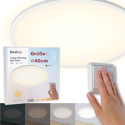 BestLuz LED Deckenleuchte Ø 42cm LED Panel Deckenlampe Rund 24W 2800LM Dreistufige Dimmung Neutralweiß 4000K mit Backlight-Effekt für Badezimmer Schlafzimmer Wohnzimmer Küche Bad Keller, Ultra Dünn von BestLuz