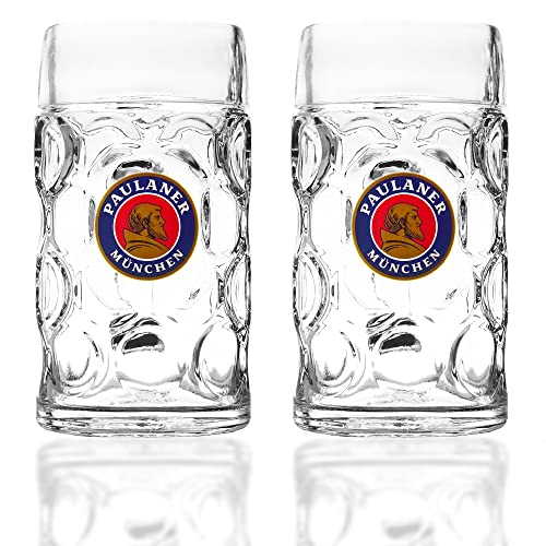 2 Stück Original Paulaner Maßkrüge Maßkrug Maß Bier Krug Gläser-Set mit Logo, 1l, transparent von BestPlug