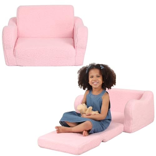BestRoyal Bequemer Kleinkindstuhl, 2-in-1 Kleinkind-Couch ausklappbar, Kinder-Sofabett für Jungen und Mädchen, Rosa von BestRoyal