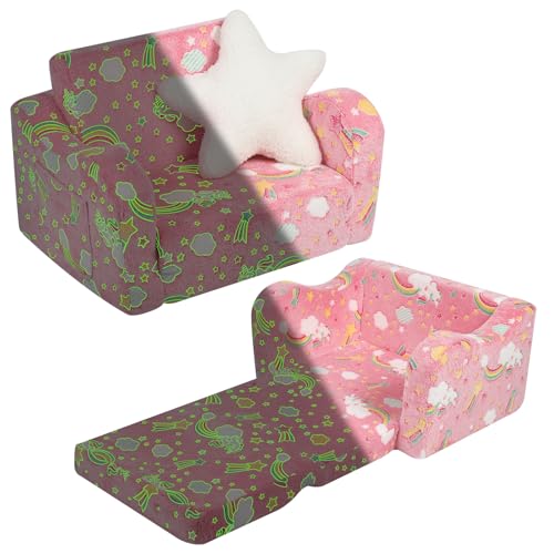 BestRoyal Einhorn Regenbogen Glow in The Dark Kleinkind Couch, 2-in-1 Kleinkind Weiche Couch Ausklappbar mit Sternkissen, Umwandelbares Sofa zur Liege für Mädchen und Jungen, 1-Sitzer von BestRoyal