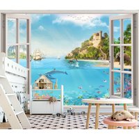 Fenster Kinderzimmer Delfine Zimmer Tapete Aufkleber Wand Unter Das Meer Foto Selbst Klebstoff Exklusive Wandgestaltung Fototapete von BestWallMuralStore