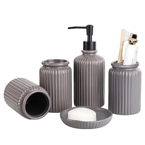 Badezimmer Set, 5 Stück Badezimmer Deko, Nachfüllbarer Flüssigseifen Pumpspender, Zahnputzbecher, Mundspülungsbecher, Seifenspender, Bathroom Accessories, Bad Zubehör, Moderne Dekoration von BestYiJo