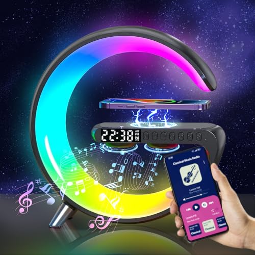 BestYiJo Nachttischlampe Mit Kabelloser Ladefunktion, Wake up Light Tageslichtwecker Dimmbar Bluetooth Lautsprecher Musik mit 15W Wireless Charger Dekoration Wohnzimmer (Schwarz) von BestYiJo