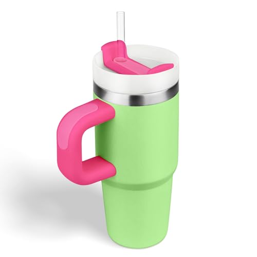 14oz Tumbler mit Griff und Stroh, Thermobecher mit Strohhalm Kid Tumbler mit Deckel und Stroh, 304 Edelstahl Kind Tumbler, Schule Sport im Freien (Grüne Barbe) von Bestaa