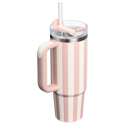 Bestaa 30oz Edelstahl Kind Tumbler mit Griff und Stroh, Vakuumisoliert, Rosa Streifen von Bestaa
